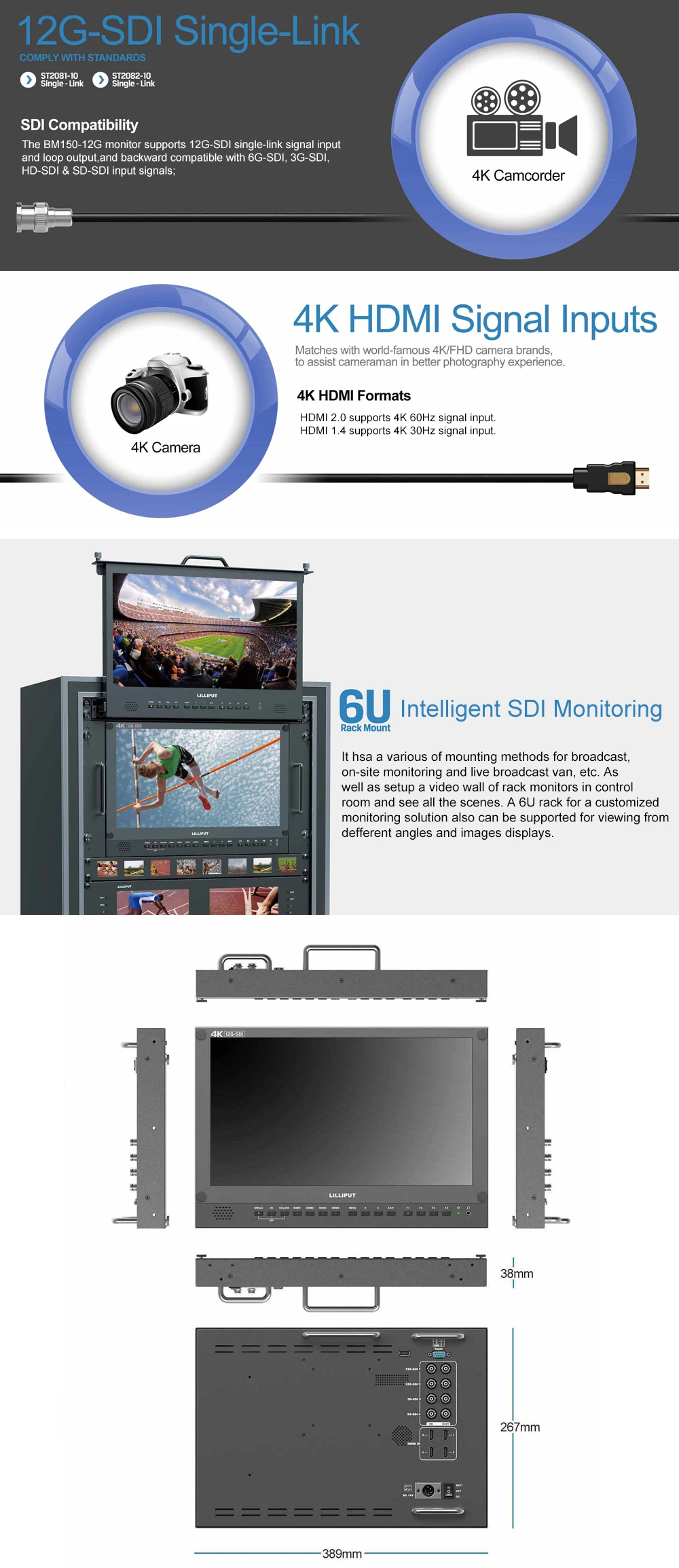 Lilliput 15.6" 12G-SDI 4K Broadcast Director Monitor with 12G-SDI, 4K HDMI inputs