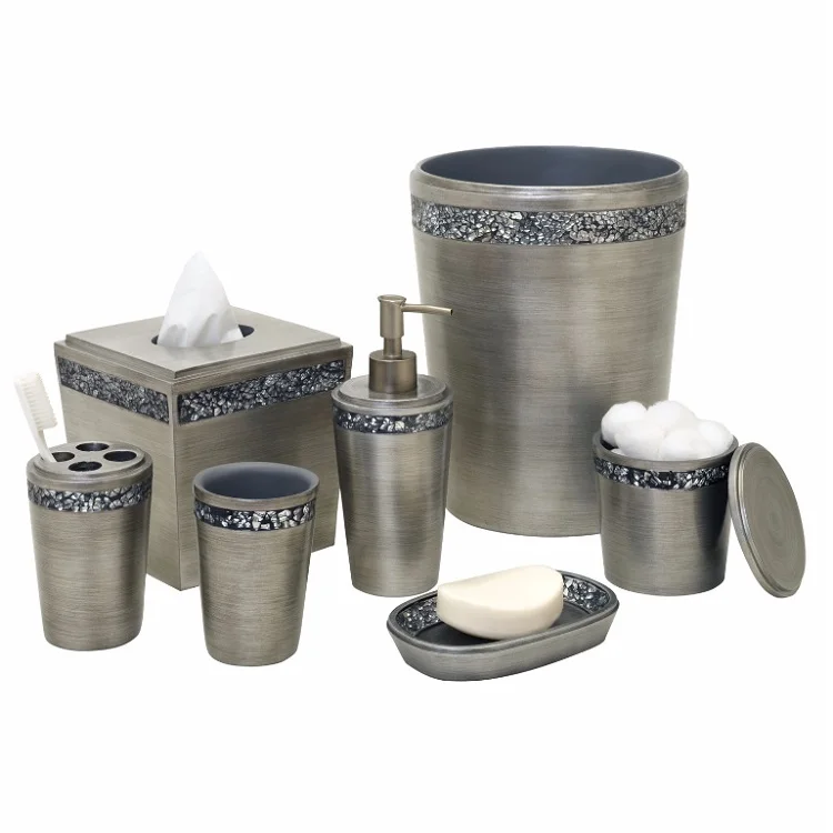 Mosaic Finish Silver Brushed Polyresin Bathroom Accessory Set For Home and Hotel