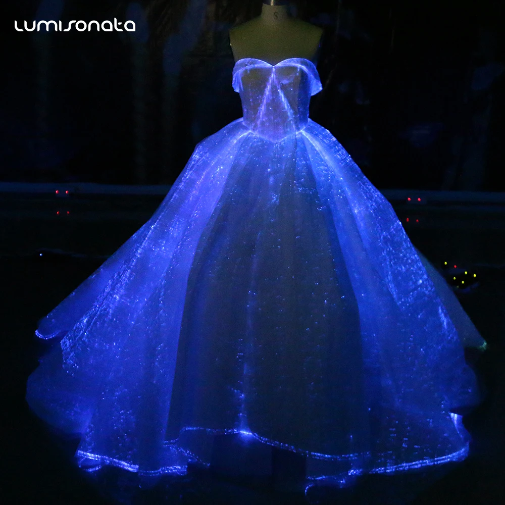 2018 New Glowing In The Dark Wedding Dress Luminous Fiber Optic Wedding ...