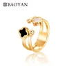 Baoyan Fashion Elegant 316L Stainless Steel Ring Gold Color Black White Clover Open Band Ring for Women N1