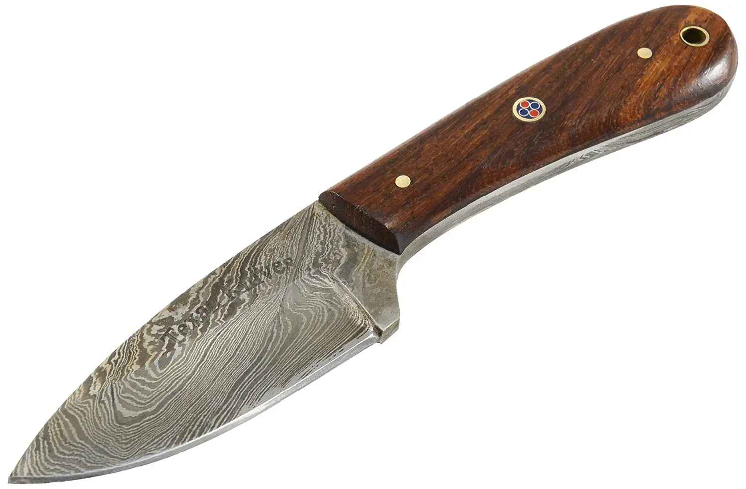Texan Knives Damascus Steel Knives, Short Skinner Fixed Blade Knife with Indian Rose Wood Handle Includes Leather Sheath, 6.75" L