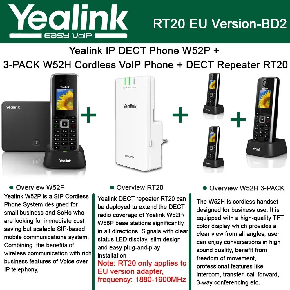 Yealink W52P IP DECT Phone + 3PACK W52H Cordless VoIP Phone + DECT Repeater RT20