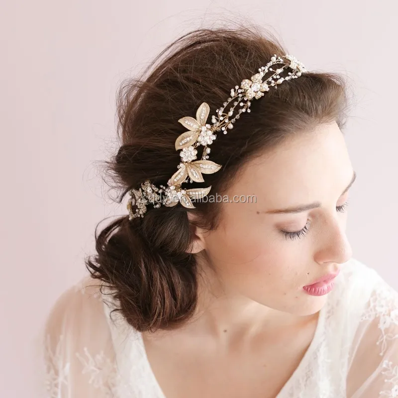 Luxury Handmade Crystal Women Pearls Charm Hair Head Band Chain