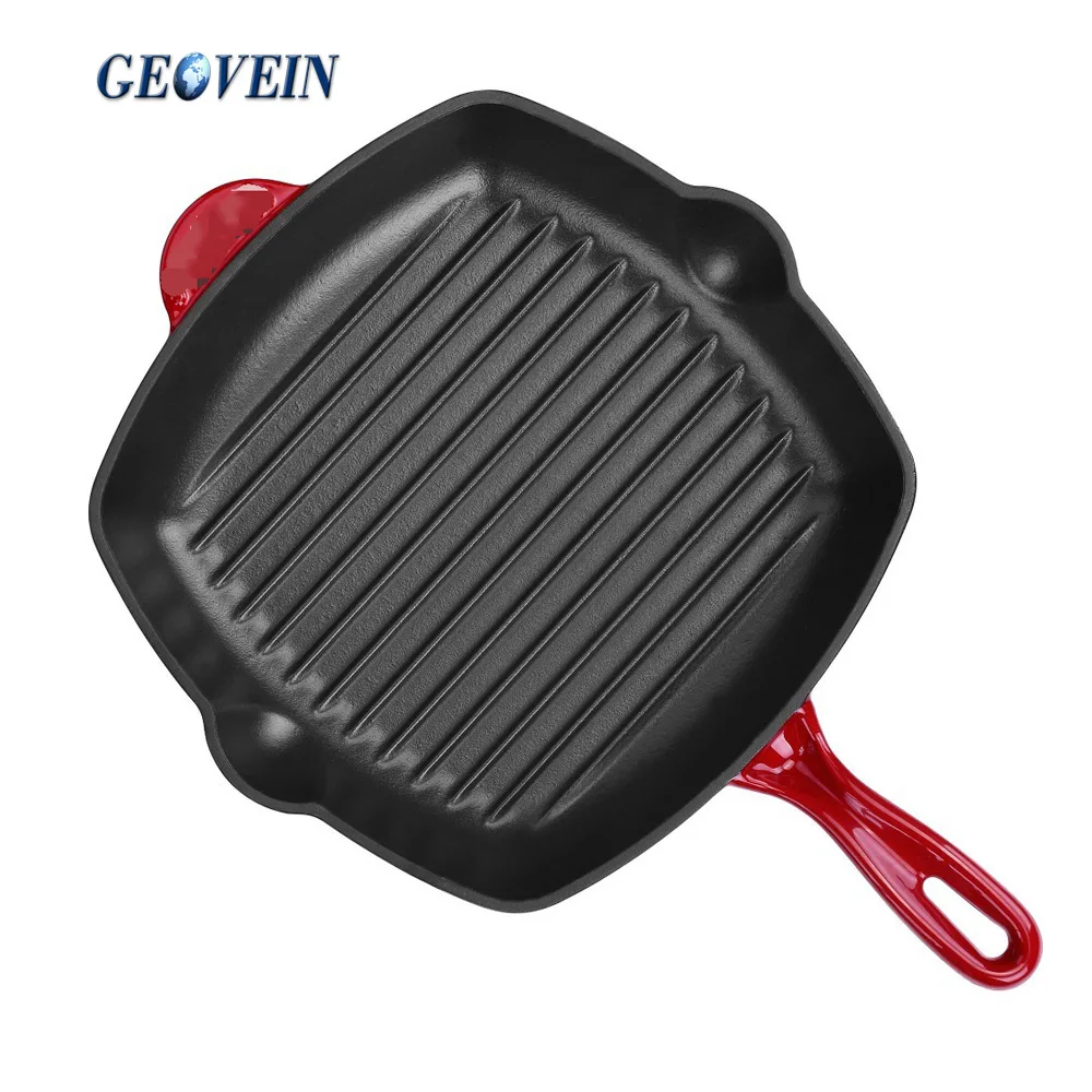 10.25" Square Cast Iron Korea Bbq Grill Fry Pan With Enamel Coating