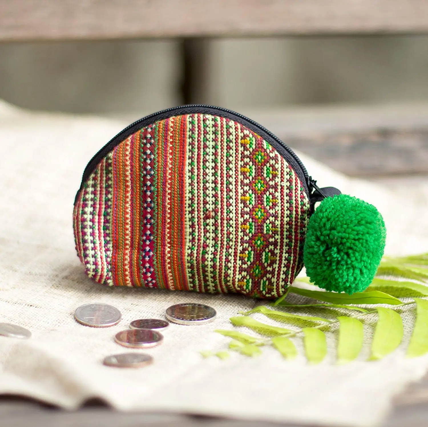Changnoi Changnoi Unique Vintage Hmong Hill Tribe Embroidered Purse for Women, Green Pom Pom Women Coin Pouch, Gift Purse