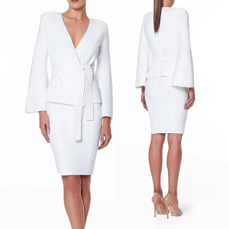 2018 New Fashion Design V Neck White Elegant Women Suit Two Piece Set ...