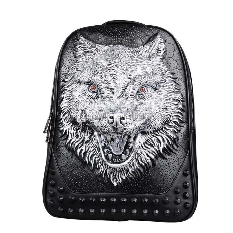New 3d Wolf Backpack Pu Leather Hip-hop Western Rivet Studded Backpack ...