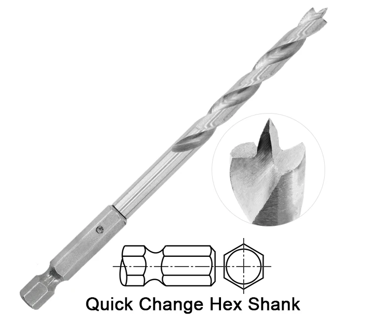 Impact 1/4 Hex Shank Fully Ground HSS Wood Brad Point Drill Bit for Wood Precision Drilling