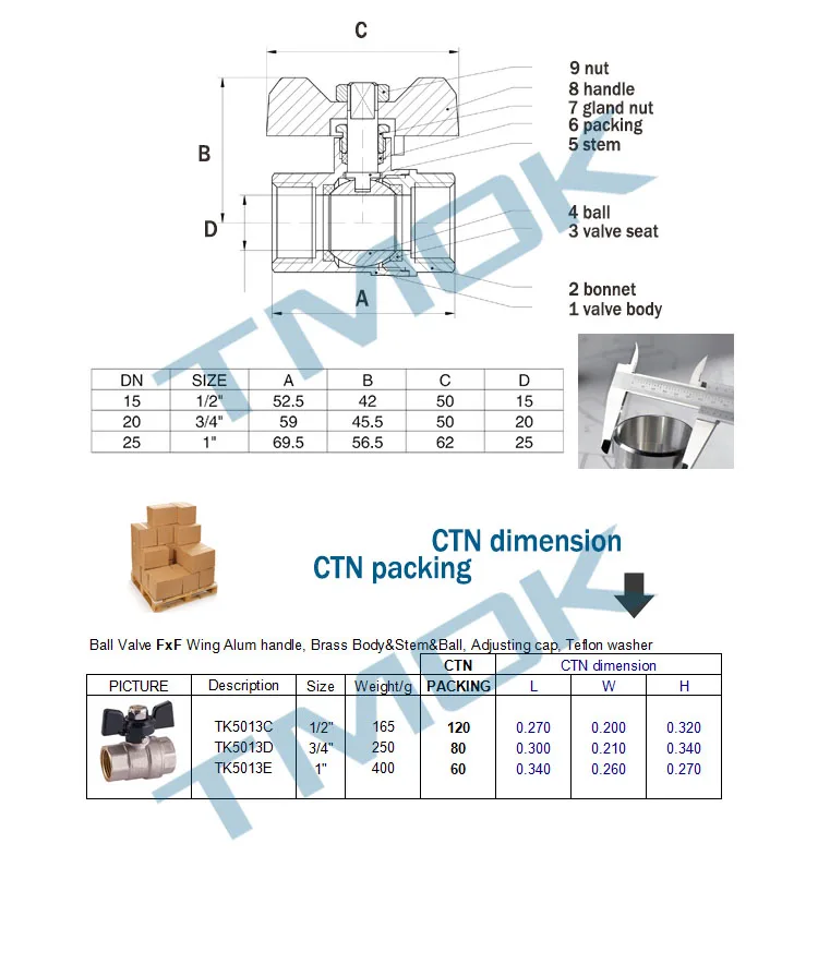 brass ball valve TMOK Butterfly/T handle Female BSPP Full bore sanitary forged WOG600 water shut-off valve CW617n
