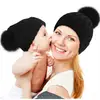 Cheap wholesale price Russian mom and baby daughter son Winter Warm Beanie Hats with Raccoon fur Pompom