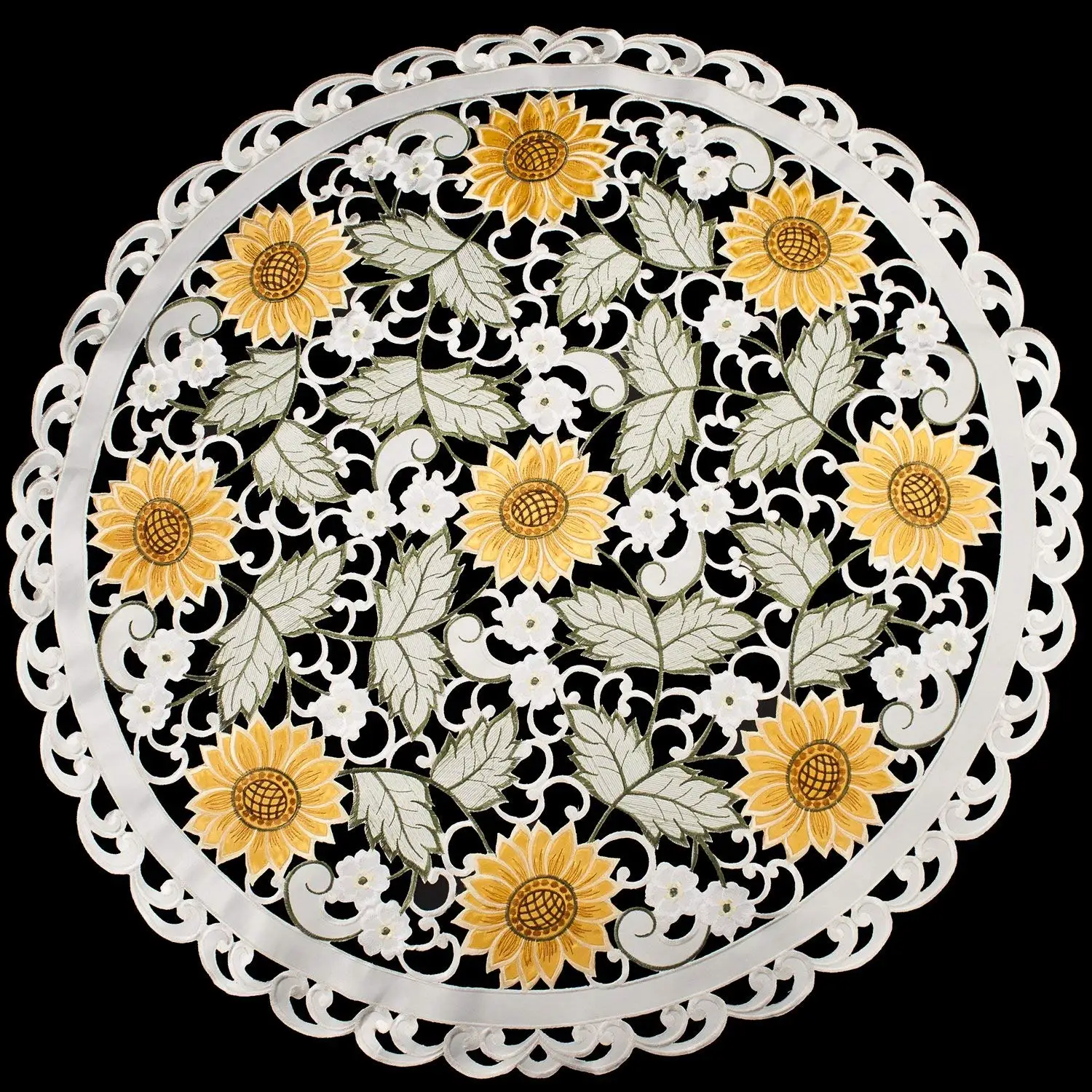 Linens, Art and Things Embroidered Table Topper Doily Table Centerpiece Small Tablecloth Open Weave Cut Work Sunflower and White Daisy on Ivory 36" Round