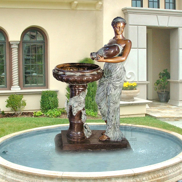 Garden Decorative Lady With Flowers Jug And Bird Bronze Water Fountain