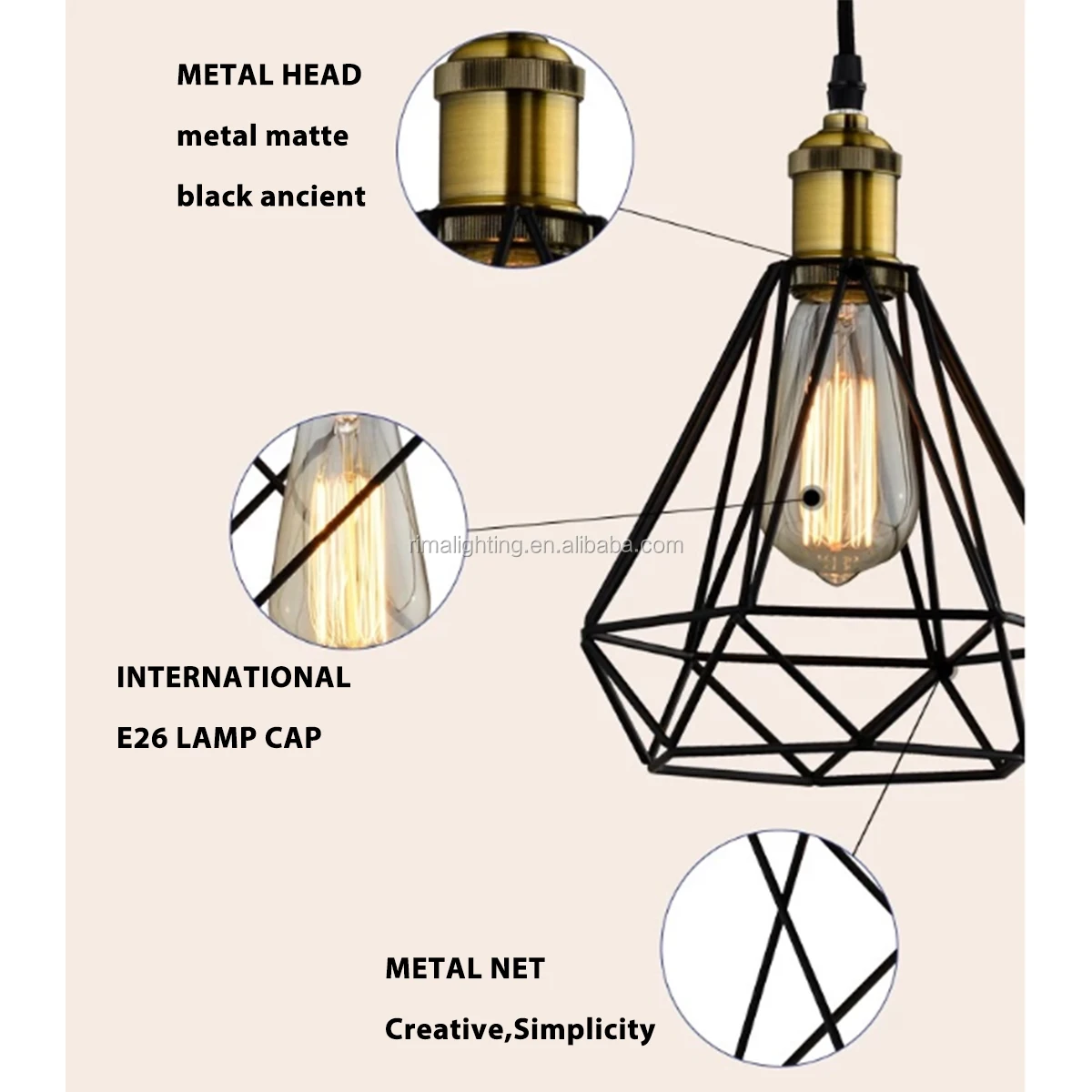 Polygon Wire Metal Industrial Vintage Hanging Lamp Kitchen Island Lighting Fixtures Ceiling Hanging Pendant Lighting
