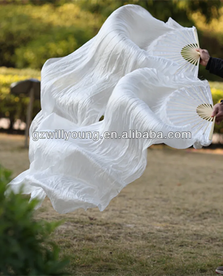 FJYIRI Women 1 Pair Hand-Made Silk Long Belly Dance Fan Veils White Color 