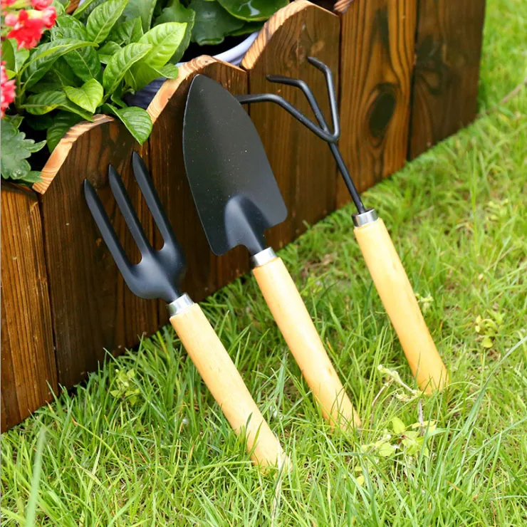 3Pcs/Set Wooden Handle Mini Fork Shovel Rake Garden Tool Set