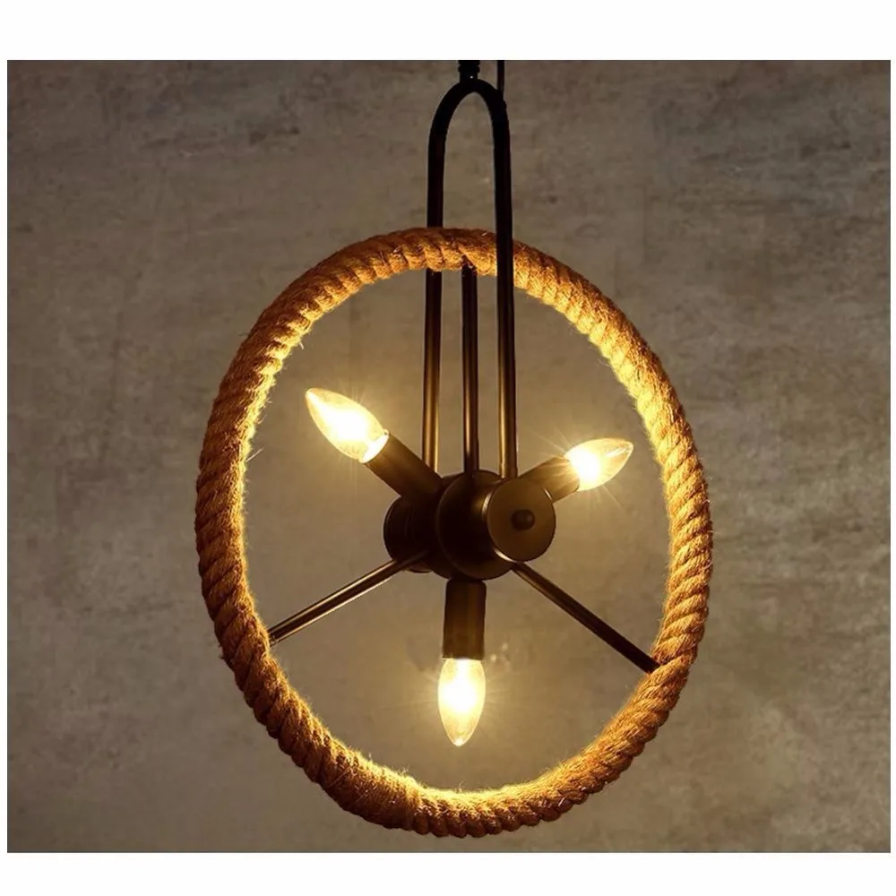 Retro Industrial Iron Wheels Twine Rope Ceiling Light Pendant Lamp
