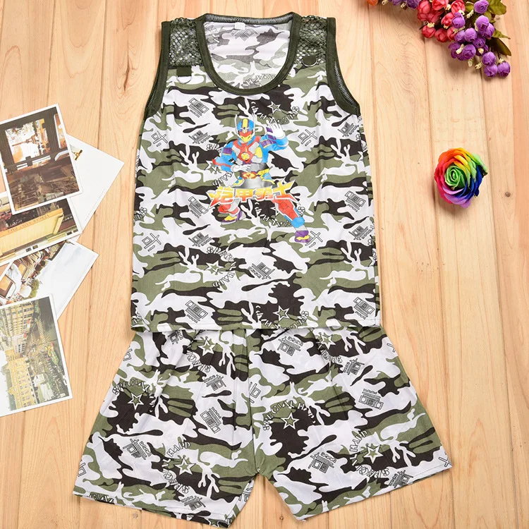 Korean children summer vest shorts comflage sleeveless two piece suit vest children milk silk baby suit