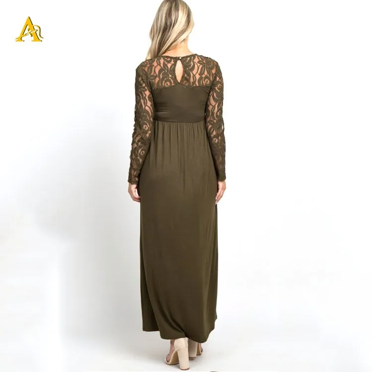 Olive Lace Sleeve Maternity Straight Long Style Dress Pregnancy Clothes O Neck Maternity Dress 