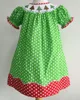 Green with white polka dots children wholesale christmas tree machine smocked bishop dress