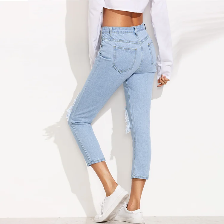 Femme Femmes bleu jean coupe slim effet vieilli Genou Déchiré un ourlet Effilé Skinny Jeans