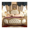 American classic style luxury wood leather double bed with handmade carving