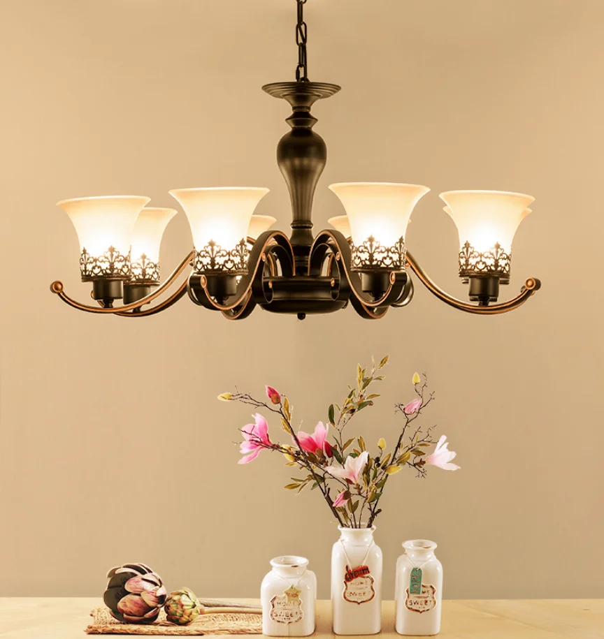 Wholesale 6 8 10 heads modern hotel wrought iron ceiling glass flower crystal pendant chandelier classic