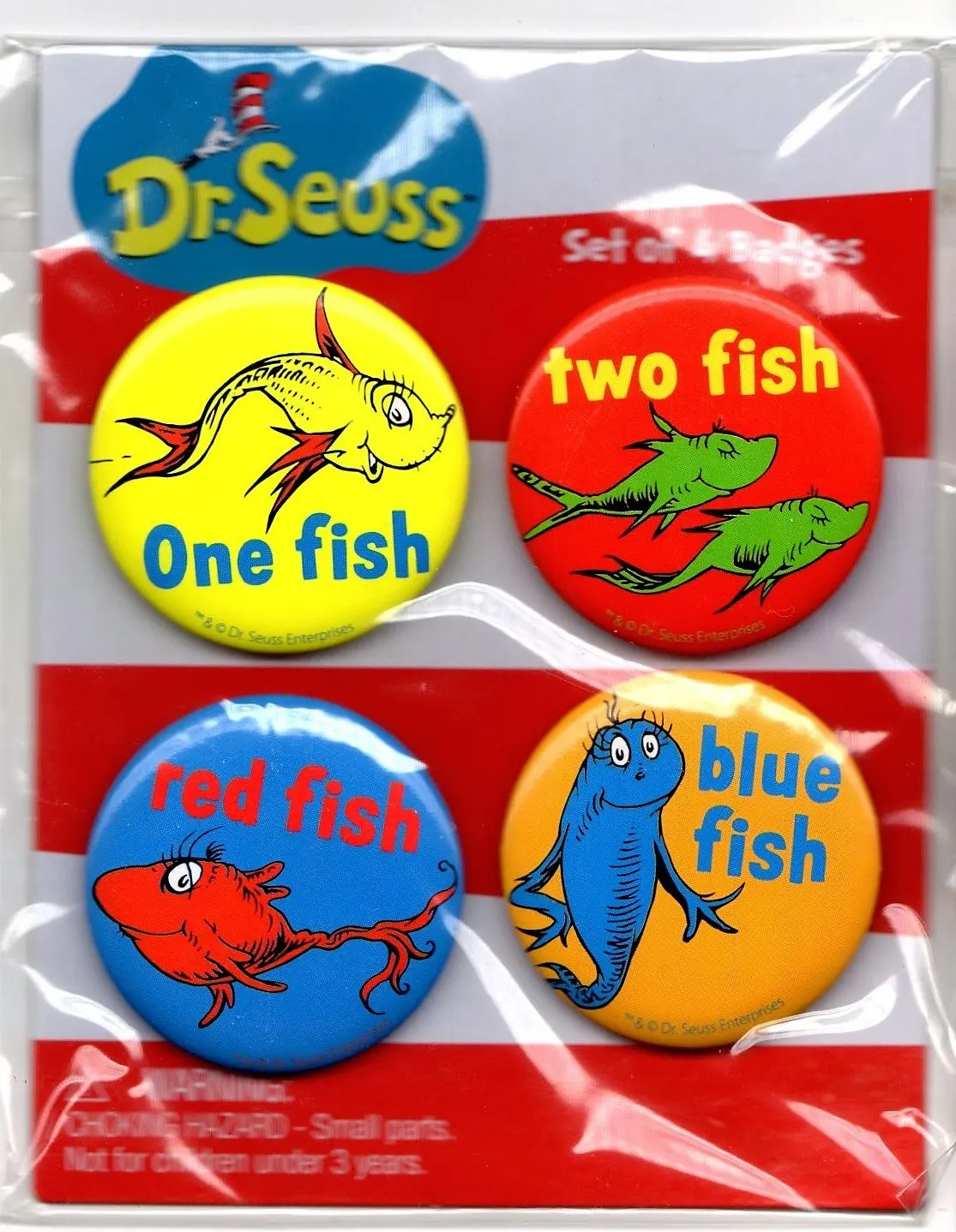Dr Seuss Set of 4 Badges (Buttons) One Fish, Two Fish, Red Fish, Blue Fish 1.5"