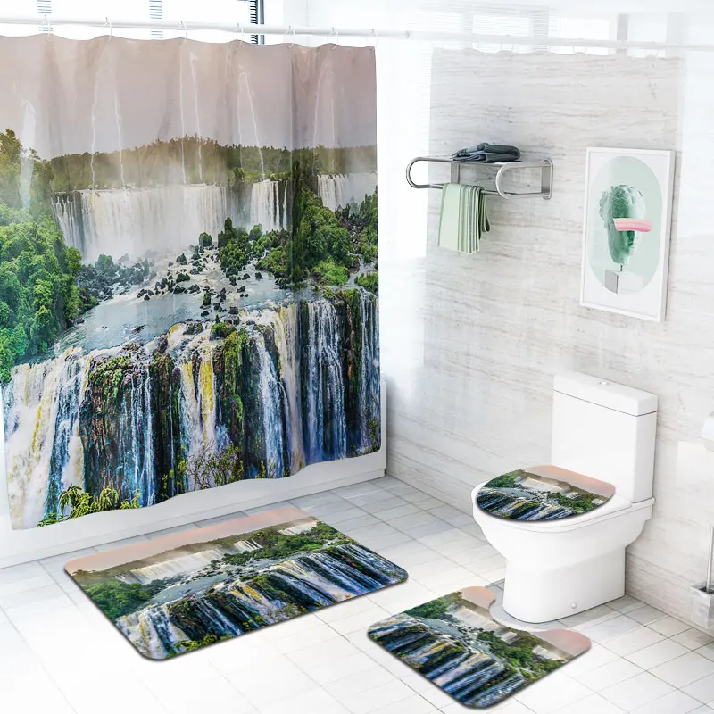 Scenery printed Amazon Custom print  Anti Slip Bath Mat and Shower Curtain Set