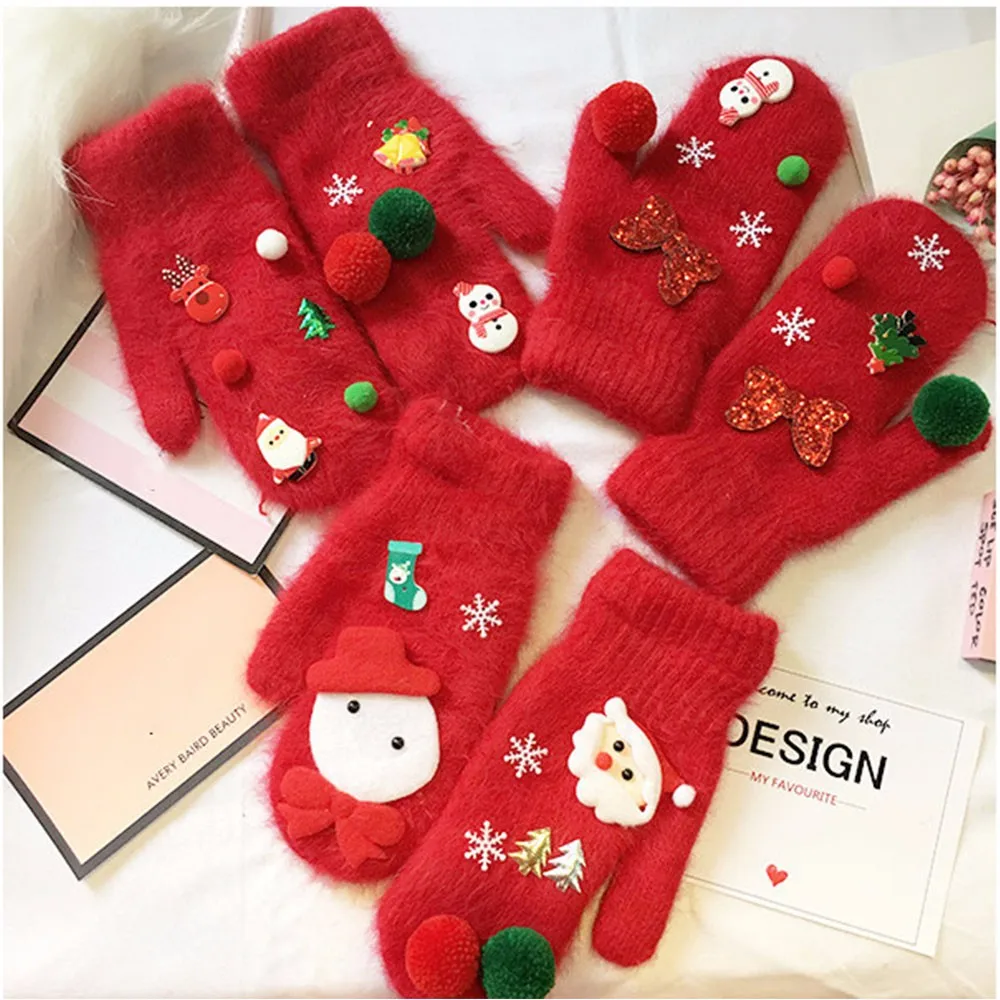 会标雪人圣诞针织手套
