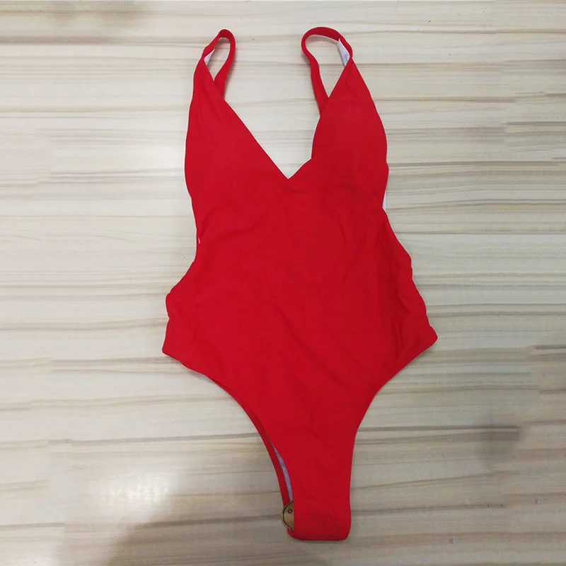 2019 Sexy Brazilian Swimwear Bikini Women Solid One Piece Deep V Neck High Cut Bathing Suit