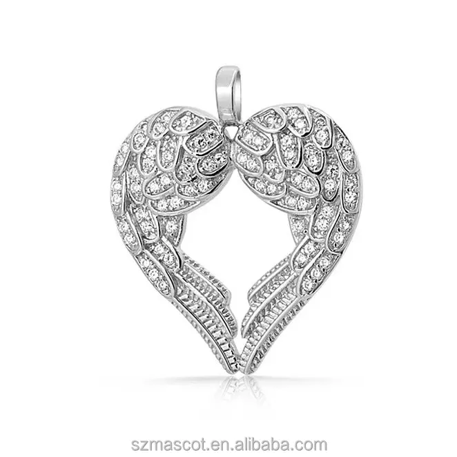 Sterling Silver Pave CZ Heart Guardian Angel Wings Pendant