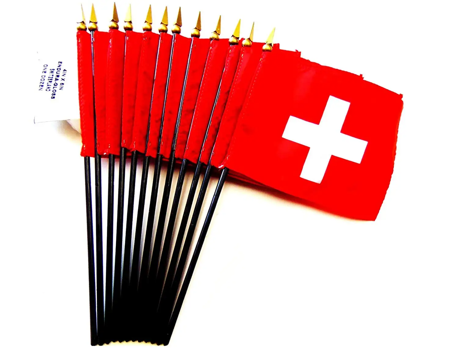 MADE IN USA!! Box of 12 Switzerland 4"x6" Miniature Desk & Table Flags; 12 American Made Small Mini Swiss Flags in a Custom Made Cardboard Box Specifically Made for These Flags