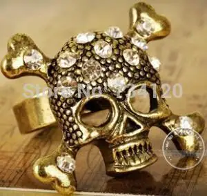 New Fashion free shipping 17mm size Retro Bronze Rhinestone Crystal Bone Skeleton Skull Pirate Ring Size