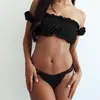 Spring And Summer One Word Collar Lace Bikini Pleated Two-piece Swimsuit For Sexy Women