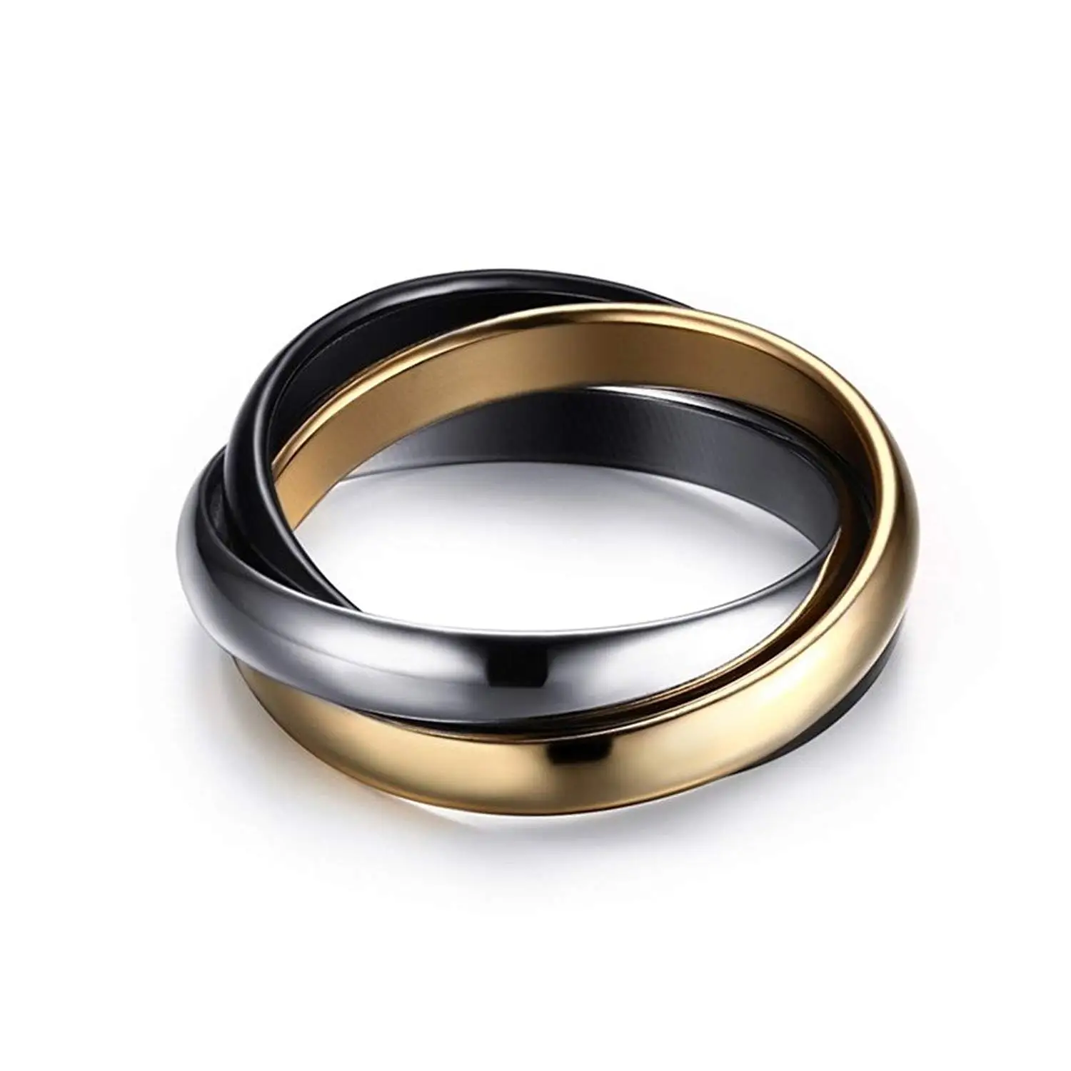 Kemosix Womens Titanium Steel Trinity Rings Silver Gold Black Tri-Tone Interlocked Rolling Ring