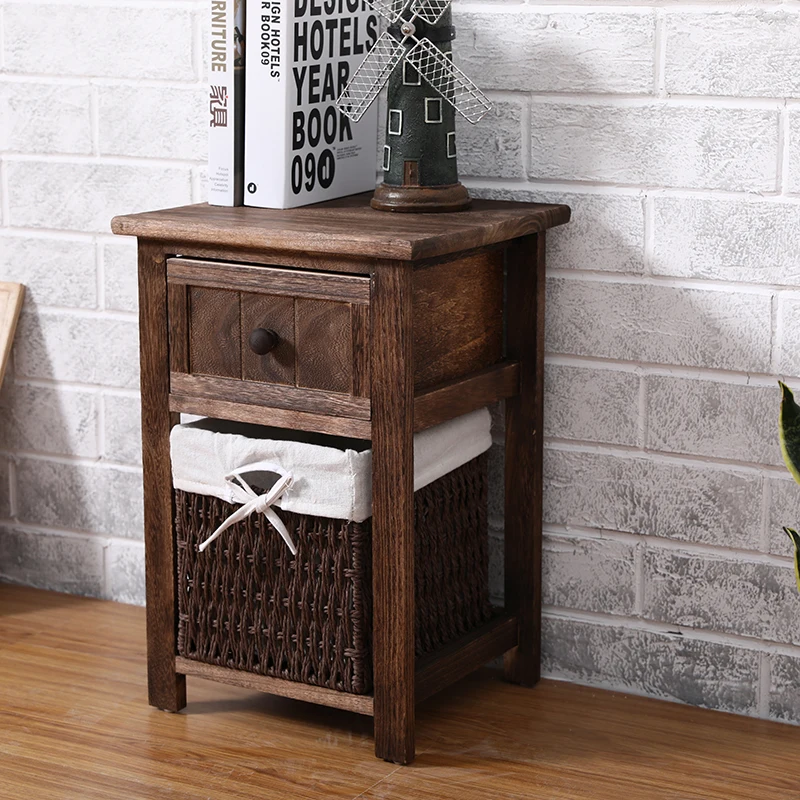High Quality Grey Bedside Table Wicker Basket Drawers Wooden Side Table Nightstands Buy