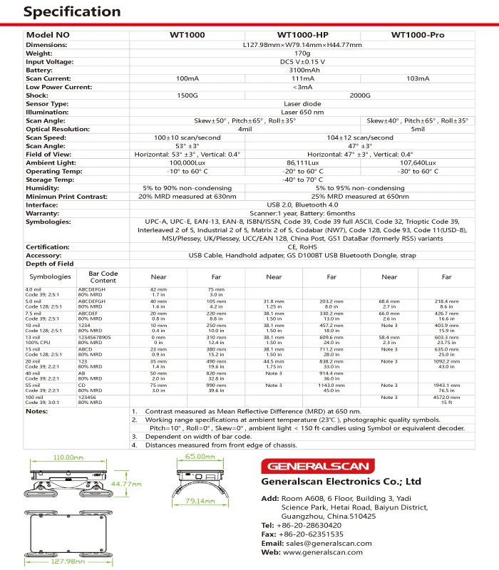 Generalscan GS WT1000 1D Laser Bluetooth Wired Ring Finger Barcode Scanner&Wearable Armband Data Terminal for Android (GS07)