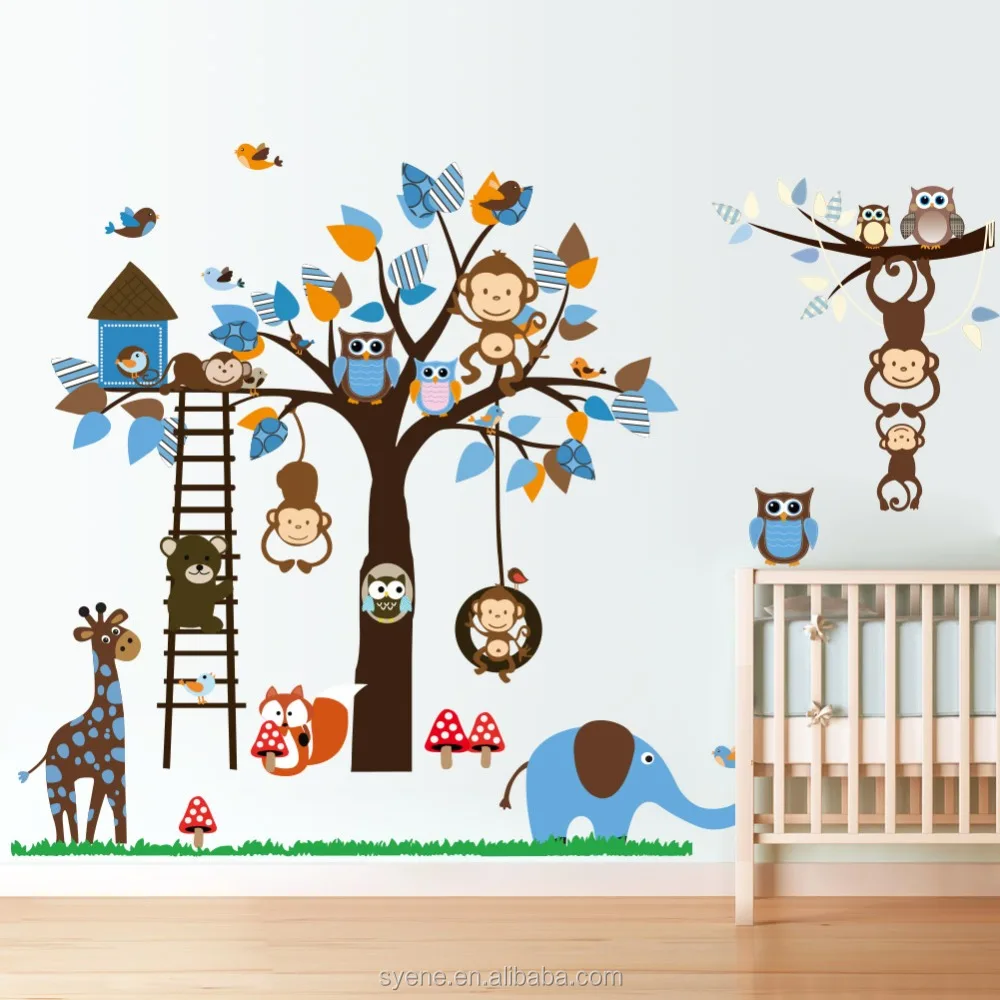Xl Besar Anak Kartun Monyet Giraffe Owl Burung Stiker Dinding 3d