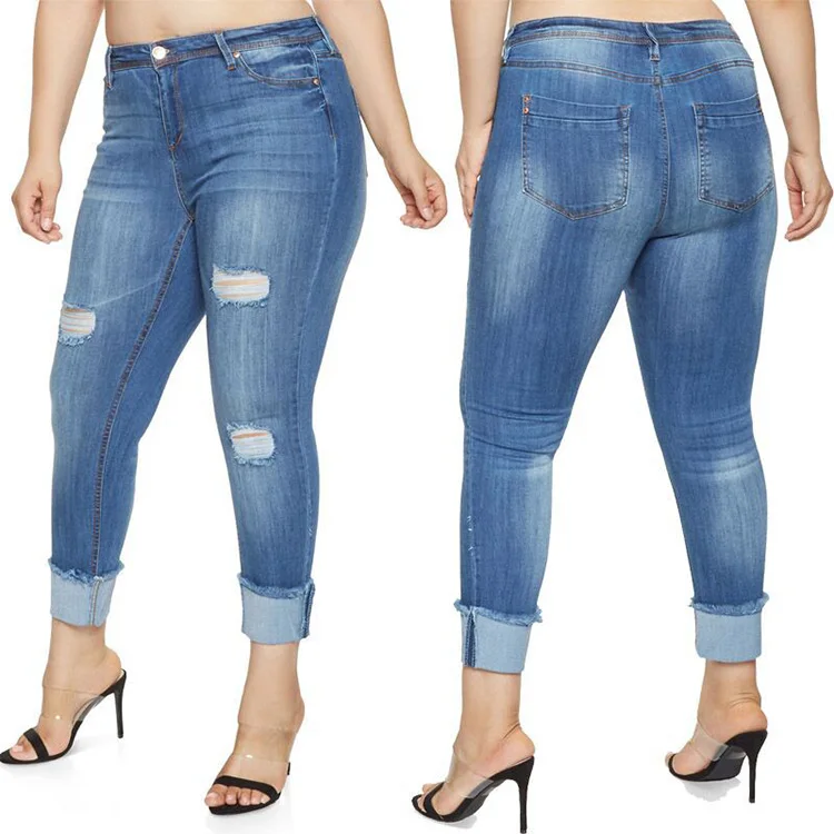 High Quality Plus Size Capri High Waist Jeans Elastic Tight Cotton ...