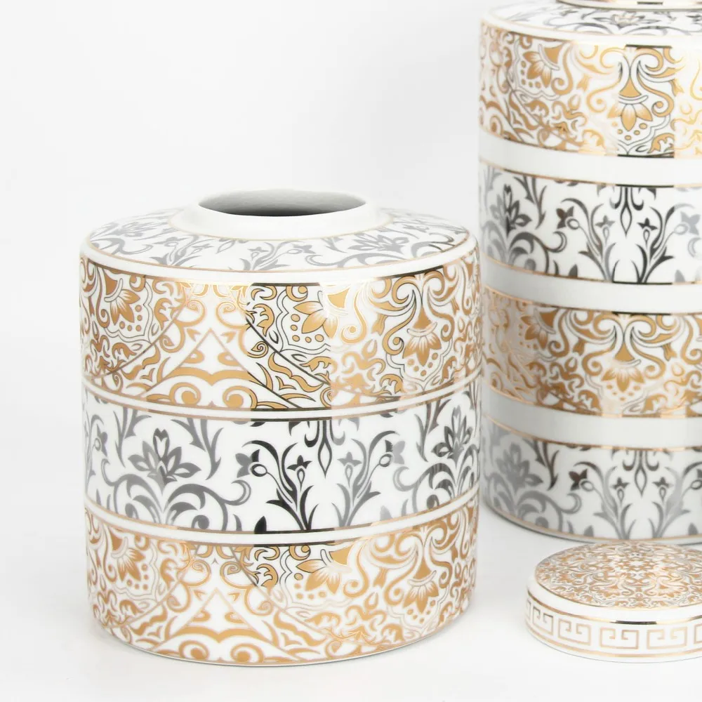 Luxury Custom Spice Jar Set Gold Silver Flower Pattern Round Spice