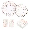 Rose Gold Dot Disposable Cups Paper Plates Napkins Set 200 PCS, Foil Design 50 Cups 50 Dinner and Dessert Plates 50 Napkins