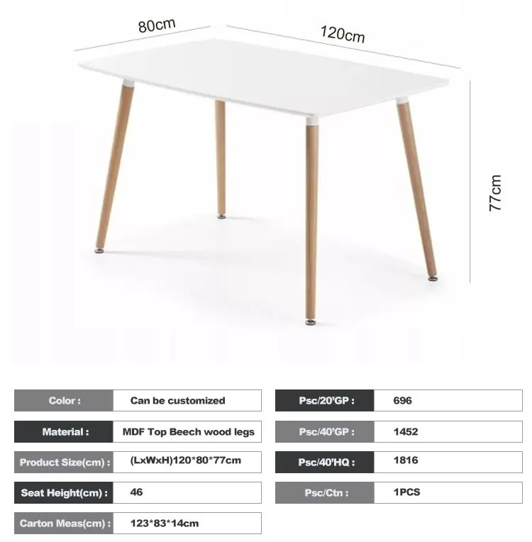 Painted Mdf Board And Solid Beech Wood Legs 120*80 Cm Rectangle Dining