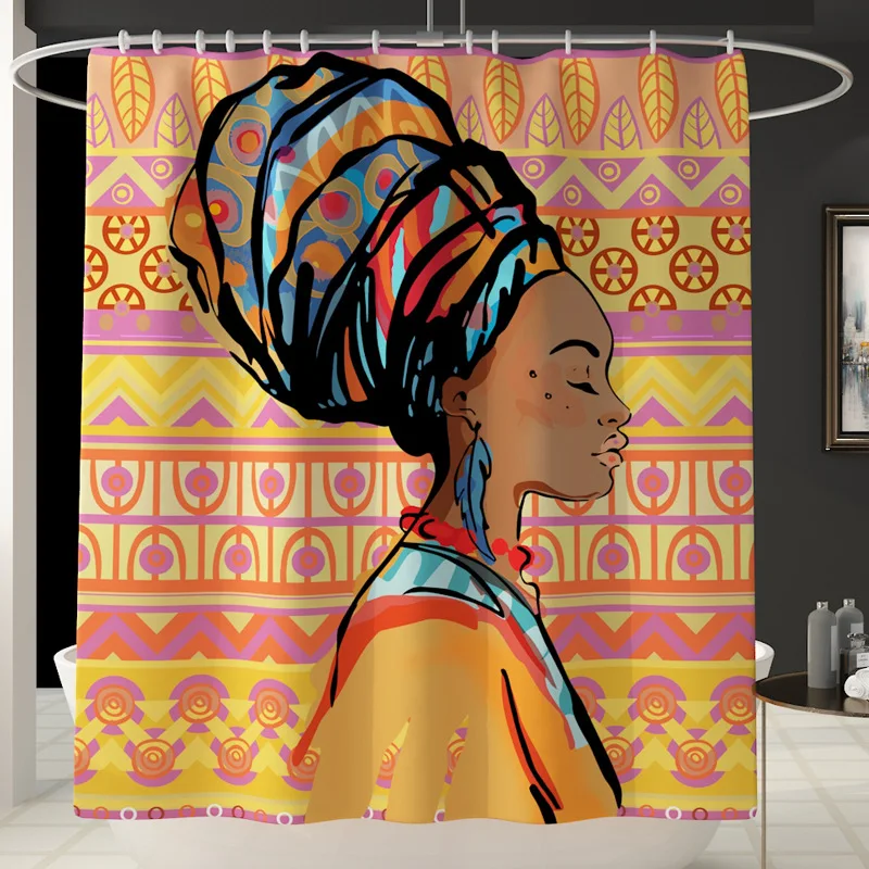 African Women Printing Toilet Pad Cover Bath Mat Set  Four-Piece Shower Curtain