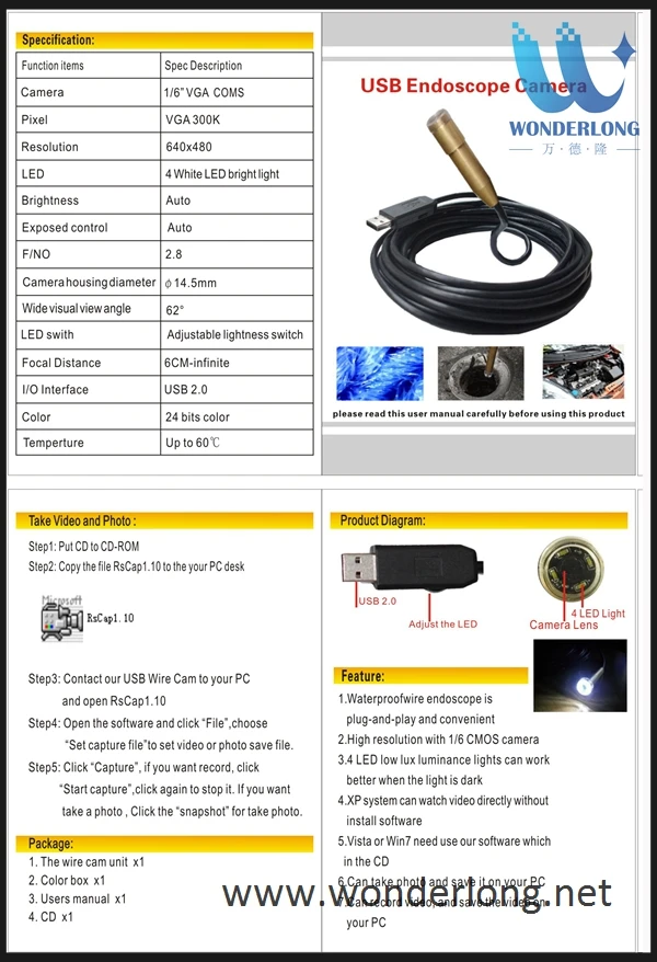 15m Usb Endoscope Usb Wire Camera Ip66 Waterproof Inspection Camera