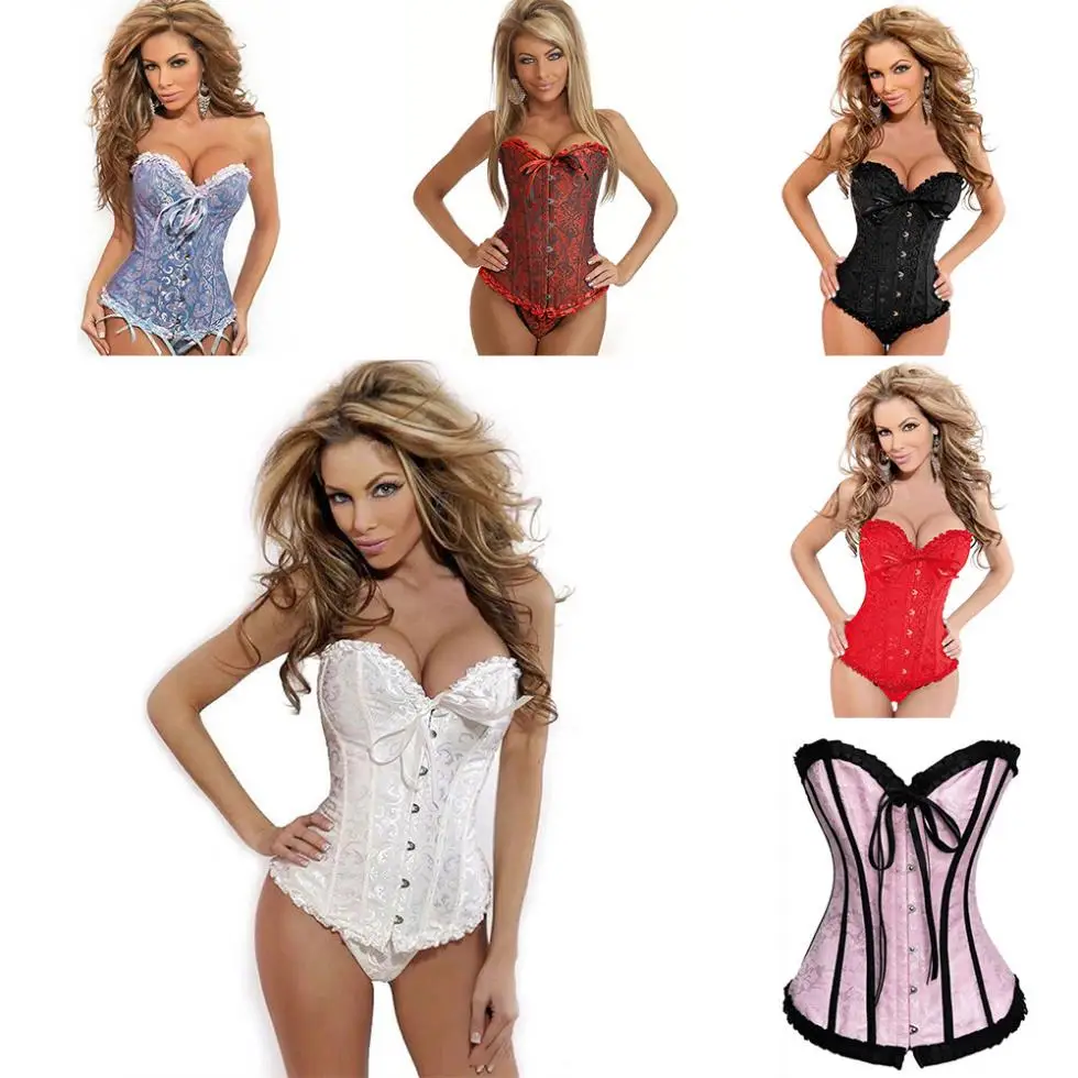 Women Sexy Satin Corset Brocade Floral Bustier Top Lace Up Back