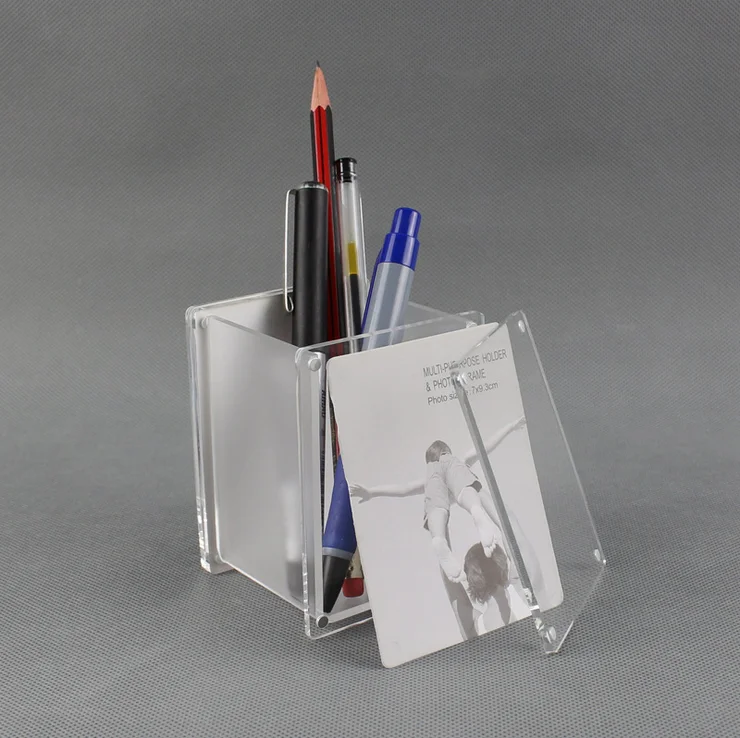 Clear Acrylic Pen Holders With Photo Frame For Desk Decoration Use