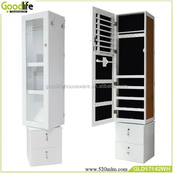 Full Length Wooden Rotating Mirror Jewelry Cabinet With Drawers