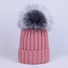 Cable Knitted thickening Winter Hat Bonnet Warm faux silver Fur Pom Pom Skullies Beanies For Kid Boy Girl Pompon Cap