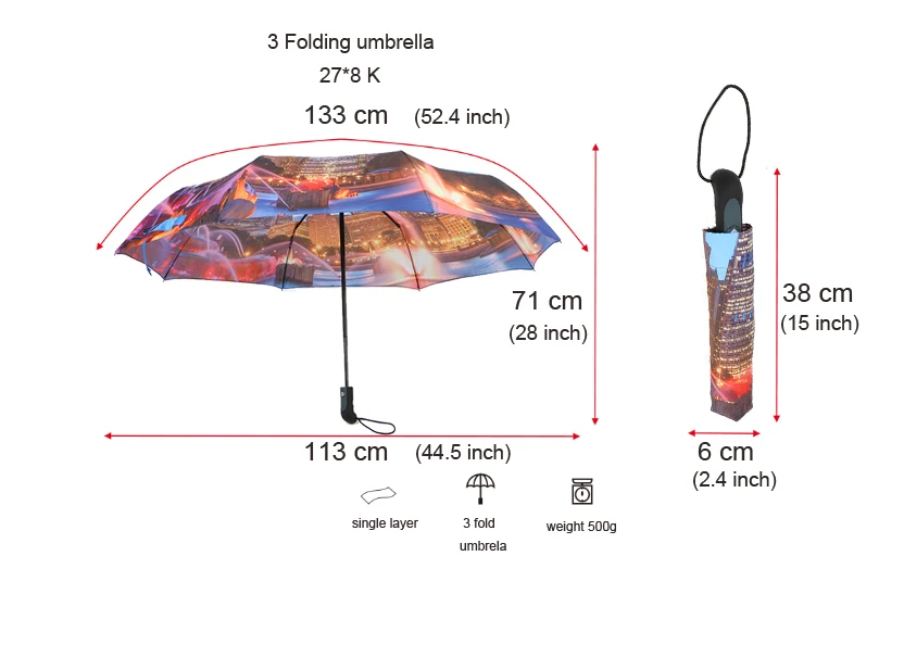 27 inch automatic printable 3fold large folding standard umbrella size