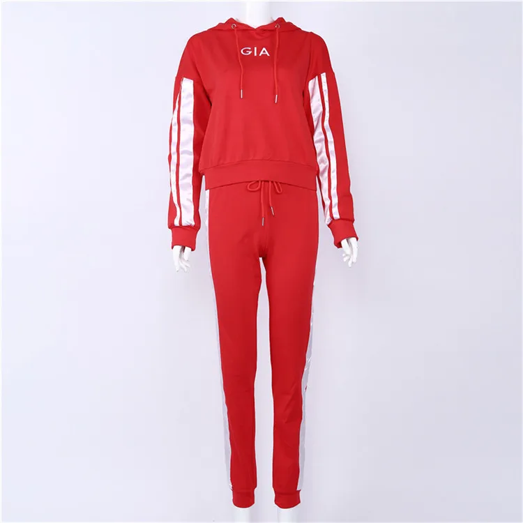 Wholesale Custom Newest Embroidered Straps Hoodie Striped Women Tracksuit